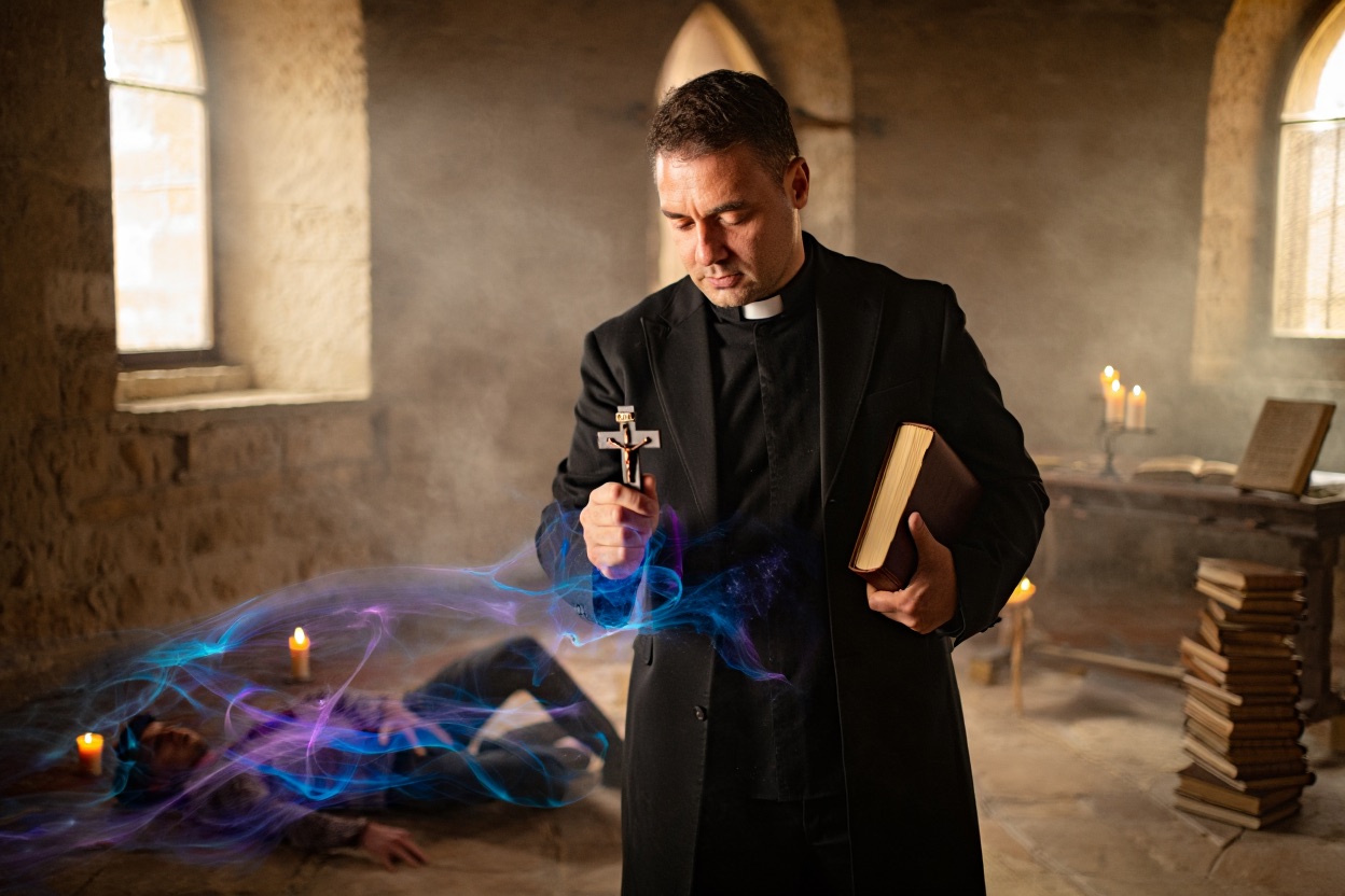 Ein Priester beim Exorzismus
