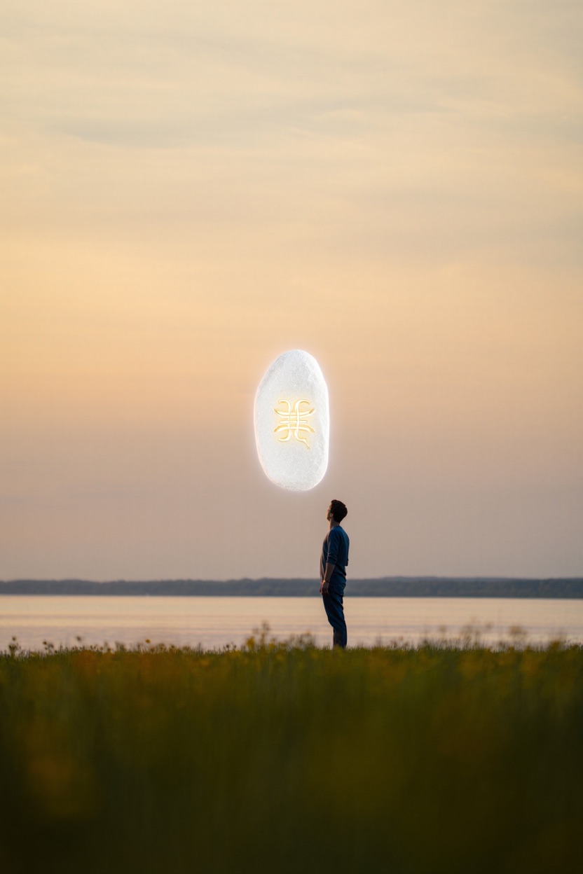 Ein ruhiges, spirituelles Bild in sanften Farben: Eine einzelne Person steht in einer weiten Landschaft (z. B. Wüste, Feld oder am Wasser), umgeben von Licht oder einem subtilen goldenen Schimmer, der vom Himmel ausgeht. In der Luft schwebt ein heller, geheimnisvoller weißer Stein mit einer leuchtenden Inschrift – der Name ist nicht lesbar, nur als Symbol angedeutet. Im Hintergrund: weite Stille, eine Atmosphäre von Berufung und Geheimnis. Der Stil ist realistisch mit einem Hauch symbolischer Überhöhung, wie bei einem modernen Ikonenbild oder einem Gemälde von Caspar David Friedrich, aber mit zeitgenössischem Flair.