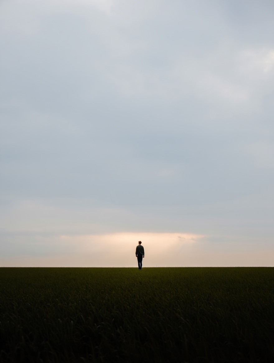 Ein einsamer Mensch steht auf einem weiten, dunklen Feld unter einem bewölkten Himmel. In der Ferne leuchtet ein schwaches, warmes Licht – kaum sichtbar, aber hoffnungsvoll. Der Mensch wirkt klein, aber aufrecht. Keine Engel, keine dramatischen Effekte, sondern schlichte, existenzielle Stimmung: Einsamkeit, Fragen, aber auch Würde. Die Szene soll eine Mischung aus Trostlosigkeit und leiser Hoffnung vermitteln – wie ein Gebet ohne Worte. Der Stil soll realistisch bis leicht malerisch sein, mit gedämpften Farben.