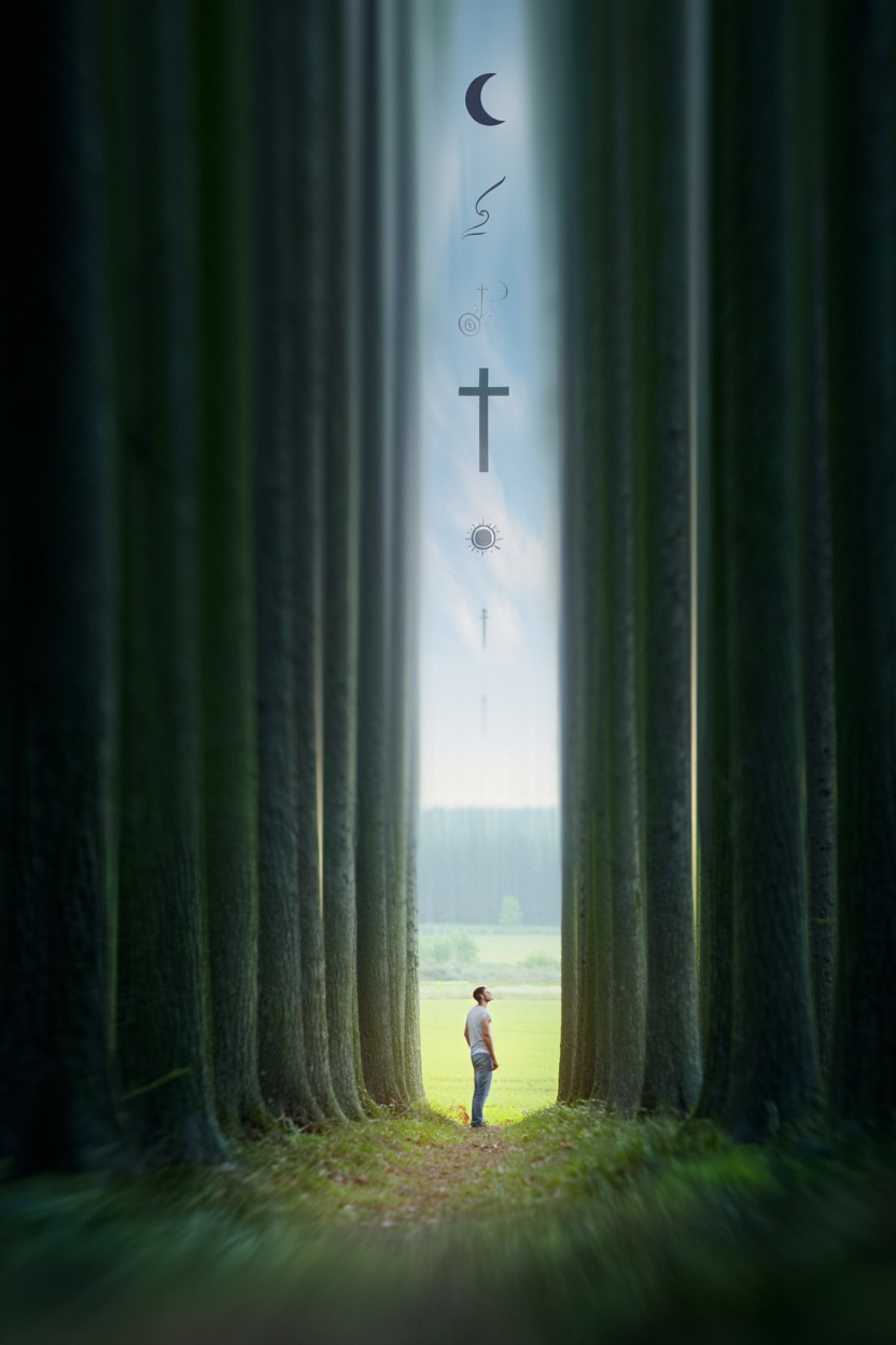 Ein schmaler, leuchtender Weg führt aus einem dunklen, dichten Urwald heraus in eine weite, helle Landschaft. Am Waldrand steht eine Person, die in Richtung des Lichts blickt, zögernd, aber neugierig. Aus dem Himmel strahlt ein mildes Licht auf sie herab – nicht bedrohlich, sondern einladend. Im Hintergrund sind schemenhaft verschiedene religiöse Symbole erkennbar: Kreuz, Halbmond, Sonne, Spirale – angedeutet, nicht dominant. Das Bild soll Offenheit, Hoffnung und die suchende Dimension des Glaubens ausdrücken – nicht Zwang oder Urteil.