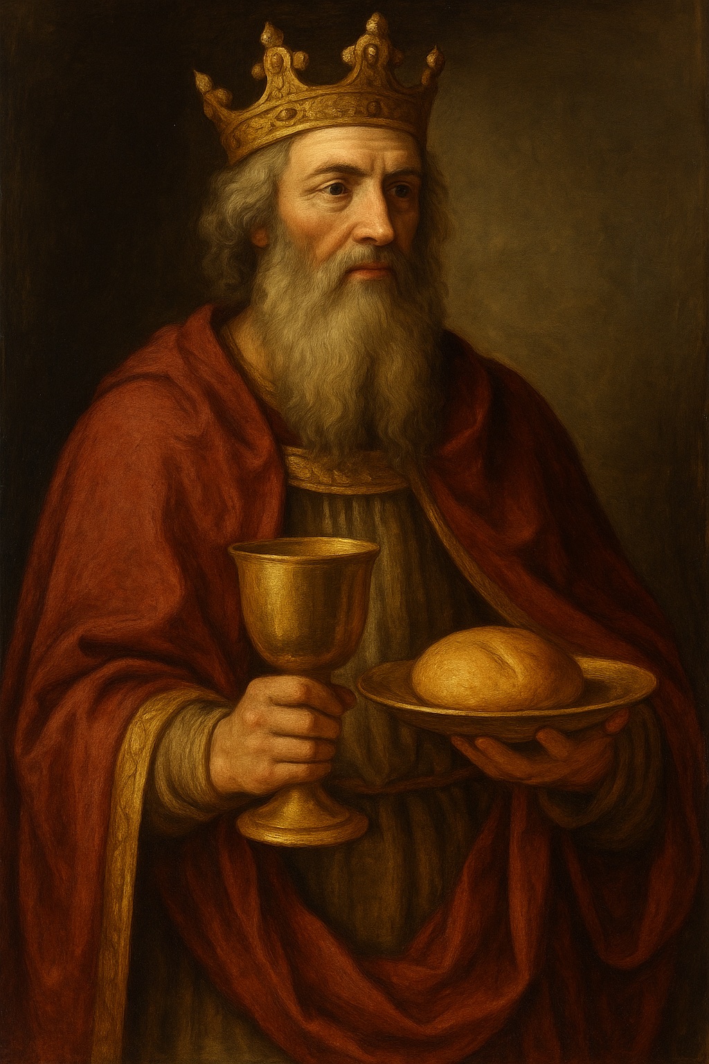 Ein alter Mann mit grauem Bart, goldener Krone, rotem Mantel, einen Kelch und ein Brot auf einem Teller in den Händen, der Blick geht ins Leere