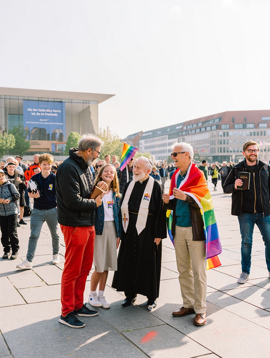 Ein weiter, lichtdurchfluteter Platz in Hannover während des Kirchentags 2025. Im Vordergrund eine diverse Gruppe von Menschen: alt und jung, queer, mit und ohne religiöse Symbole, einige mit Regenbogenflaggen, andere mit Bibeln. Alle lächeln oder führen angeregte Gespräche. Im Hintergrund ein modernes Kirchenbanner mit der Aufschrift „Wo der Geist des Herrn ist, da ist Freiheit“ (2. Kor 3,17). Die Stimmung ist offen, freundlich, festlich. Die Architektur von Hannover ist dezent im Hintergrund sichtbar