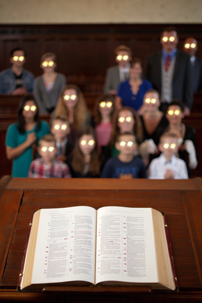 Ein aufgeschlagener Tisch mit einer Bibel. Um den Tisch herum sitzen Menschen mit leuchtenden Augen, die ekstatisch auf den Text zeigen, während im Hintergrund ein Theologe mit ernster Miene eine Lupe auf den Text richtet – wird aber ignoriert. Der Raum wirkt wie ein Mischung aus Sonntagsschule und Zauberwerkstatt