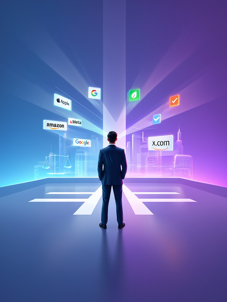 Eine stilvolle Person steht an einer Kreuzung im digitalen Raum, umgeben von leuchtenden Symbolen für bekannte Tech-Konzerne (Apple, Google, Meta, Amazon, X.com), während auf der anderen Seite Symbole für Fairness, Nachhaltigkeit und Ethik erscheinen. Der Hintergrund ist futuristisch, aber freundlich, mit sanften Lichtstrahlen.